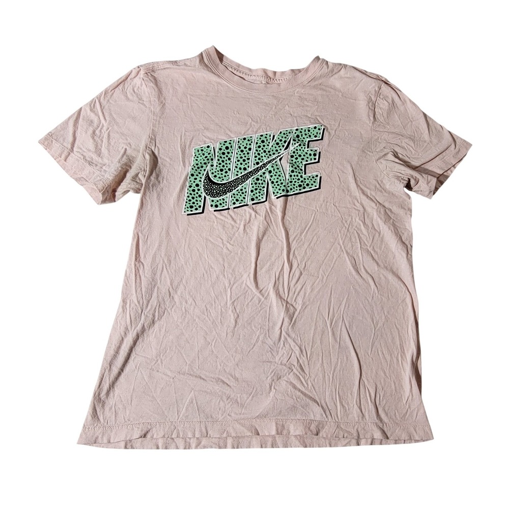 Nike Womens‎ Graphic Tee Pink Green Cheetah Print Logo Short Sleeve Shirt Medium